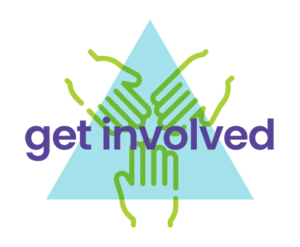 Get Involved text overlayed on triangle with line art hands overlapping each side